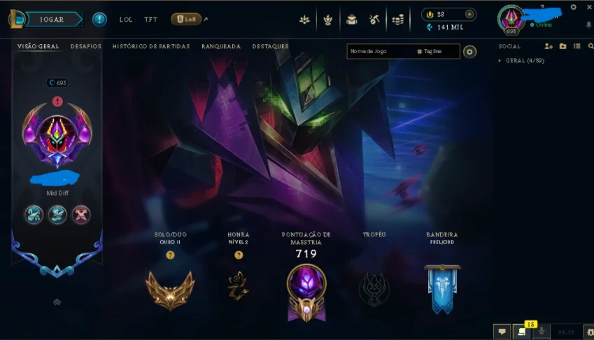 Nivel 693 Ouro II 162 Skins C/ Todos campeões e 141k de EA
