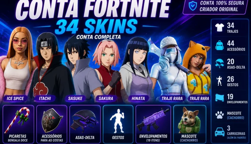 Conta Fortnite | 34 Skins | Naruto + Ice Spice | Candy Axe