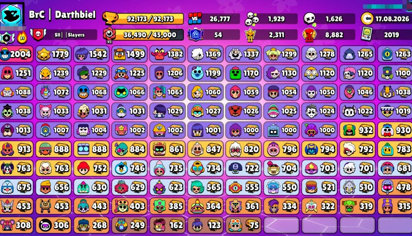 92k troféus. 585 skins. 106/106 brawlers. Conta full