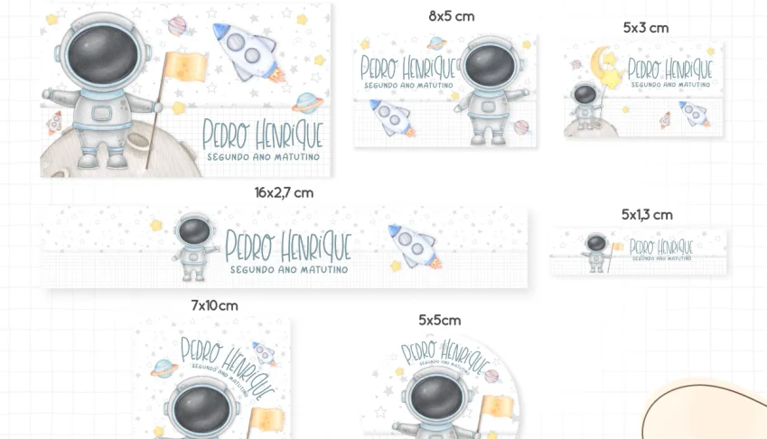 Kit Escolar Astronauta: Etiquetas/Caneca/Toalhinha de Mão