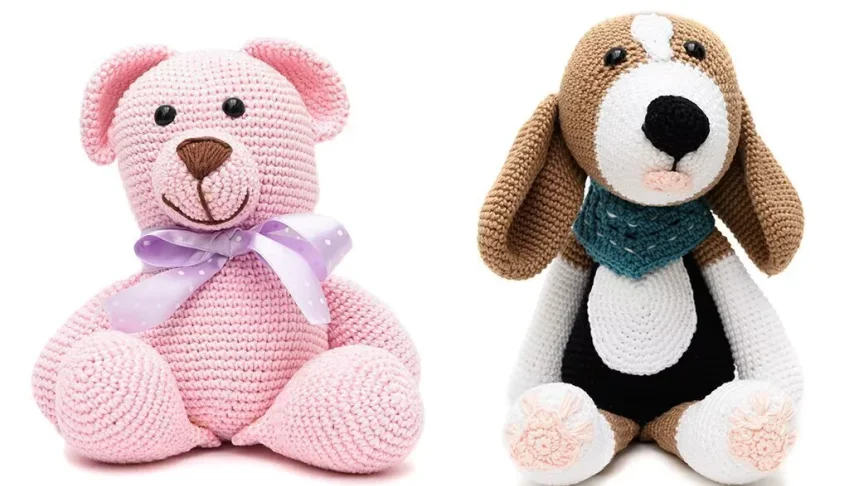 Kit urso rosa e cachorro beagle em amigurumi