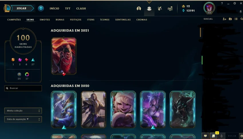 Conta League of Legends lv 268 Platina 3 100 Skins