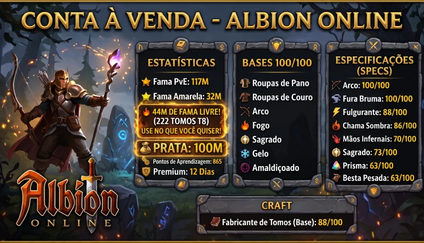 Conta Albion - 100M de PRATA + 44M FAMA LIVRE (222 Tomos T8)