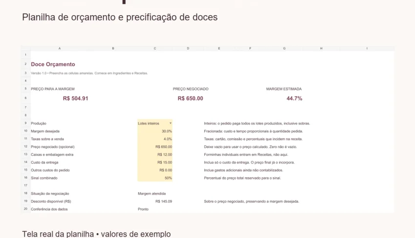 Planilha de Orçamento e Precificação de Doces para Festas