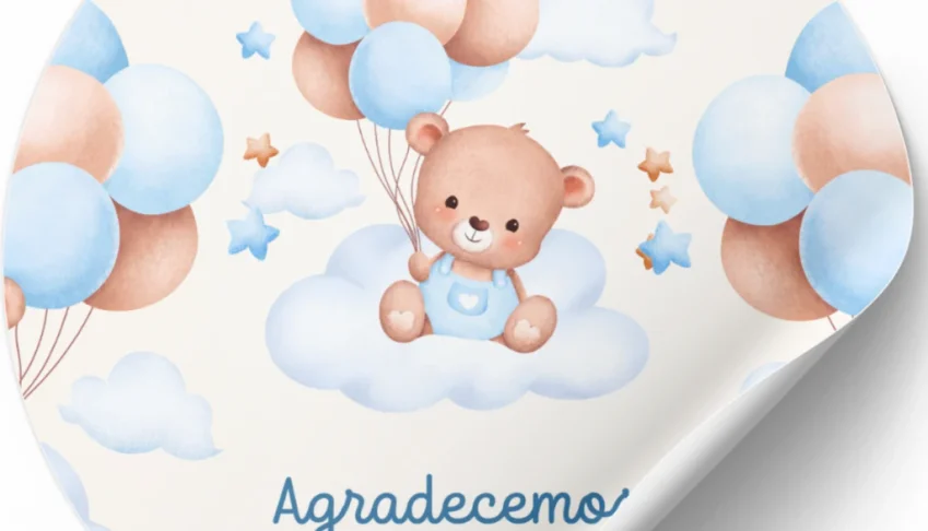 Adesivos de Ursinho Azul com Balões - 50 ou 100 Unidades