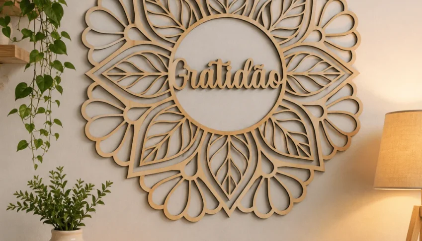 Mandala Gratidão em MDF Cru 45 x 45 cm