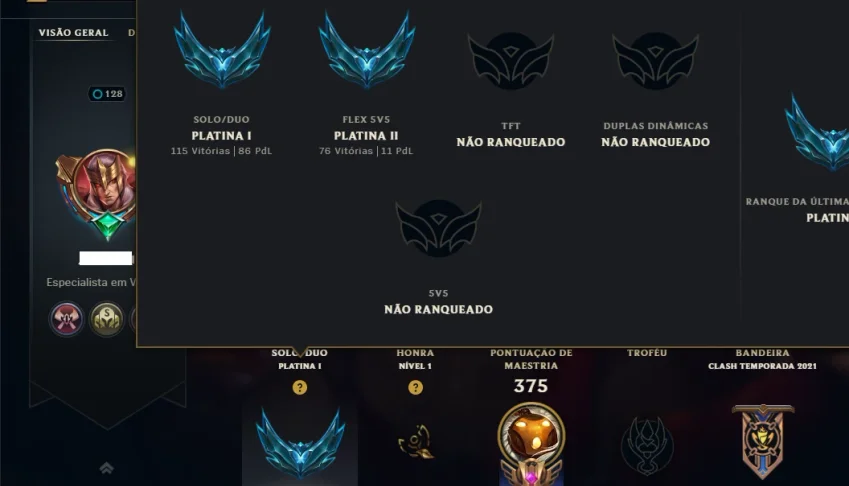 Platina 1 com 115 Champs e 63 Skins ( MAIN SUP )