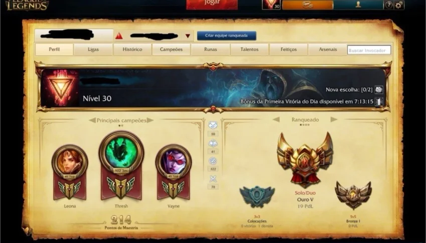 Conta League of Legends OURO / 126 SKINS / 11 RUNEPAGE