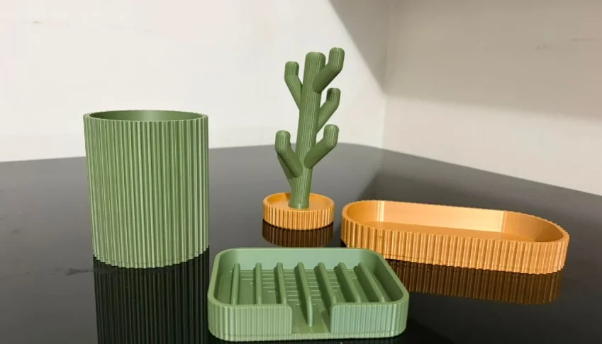 Kit Banheiro Canelado 3D Verde e Mostarda - 4 Peças