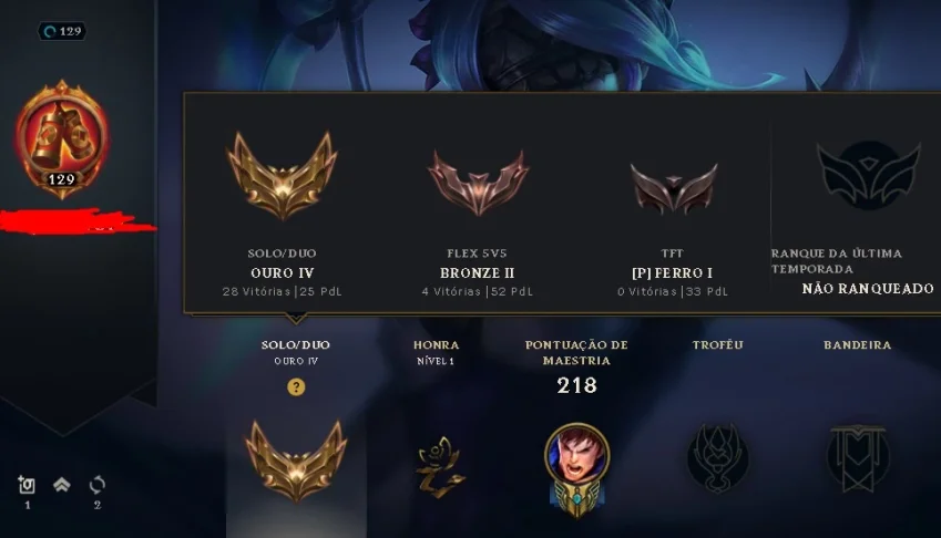 Conta gold 60% wr, 33 skins, lv 130, 80 champs com boost xp