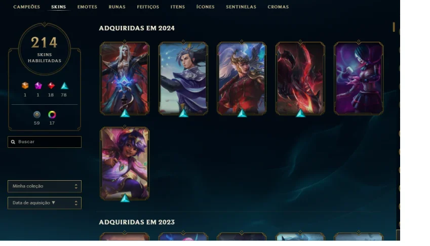 Conta lol esmeralda 4 todos os champs, 214 skins e + 30k EA
