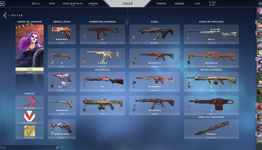 Conta de Valorant com 1500 em skins passes e cards
