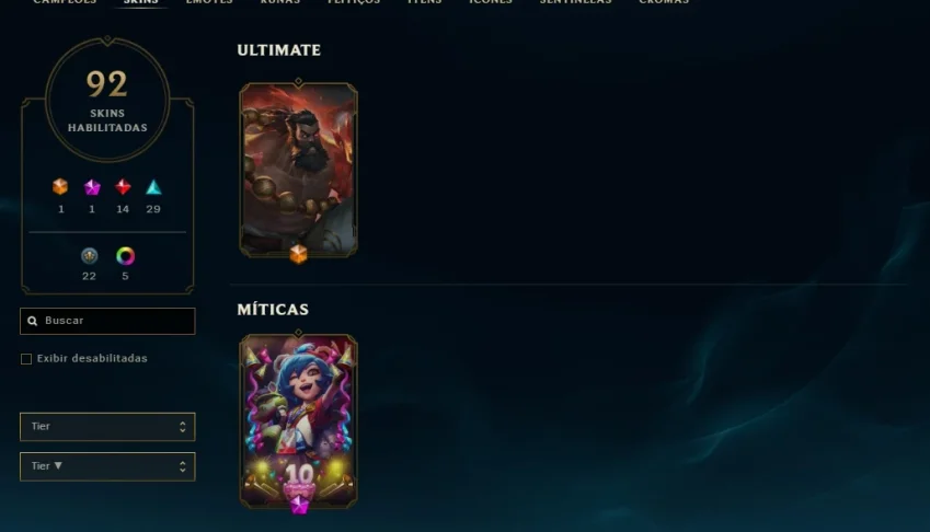 Conta LOL com 92 skins + LVL 125