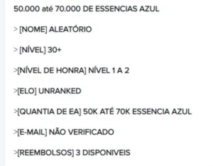 CONTA SMURF UNRANKED 50.000 - 70.000 DE ESSÊNCIA AZUL