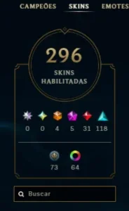 conta de lol 296 skins unranked