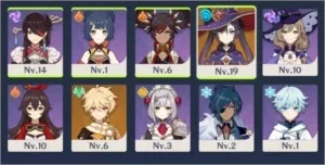 Mona, Chongyun, Beidou, Xinyan, Xiangling, Noelle