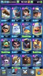 clash royale lv 12 , 90k de ouro varias cartas upadas