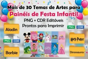 +30 Temas de Artes para Painéis de Festa Infantil Editáveis