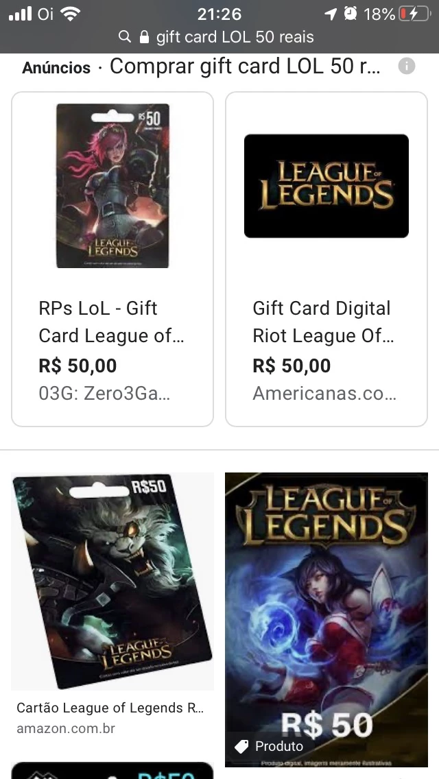 Gift Card Digital Riot League of Legends R$ 50,00 em Promoção na Americanas