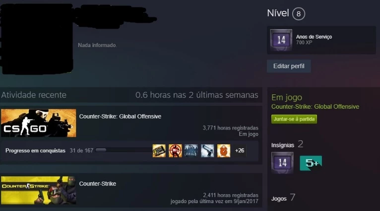 Counter Strike (CS:GO) > CONTA STEAM CSGO COM 1000 HORAS JOGADAS