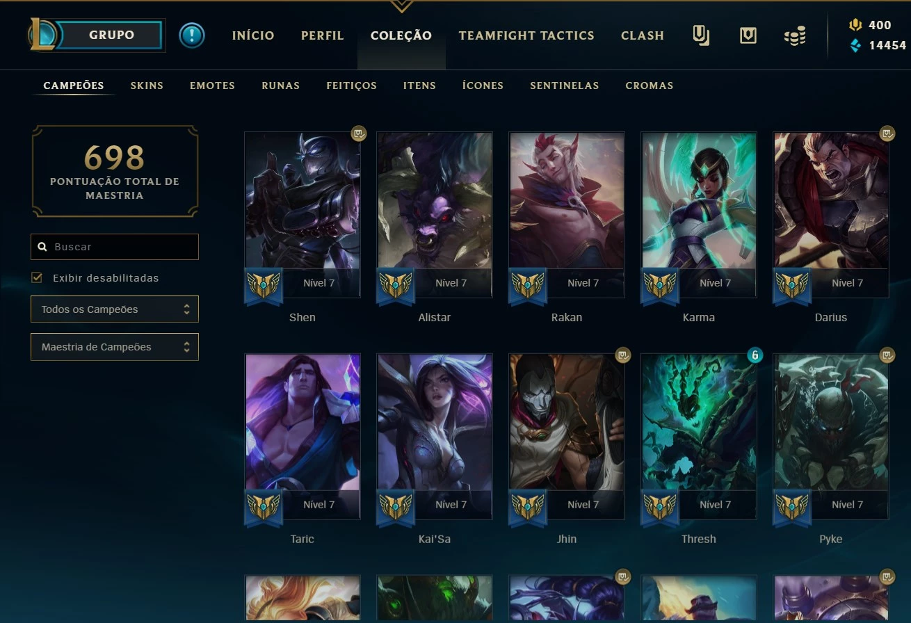 League of Legends (LOL) > Conta não ranqueada, Campeões: 219, Skins: 53,  Nível: 350