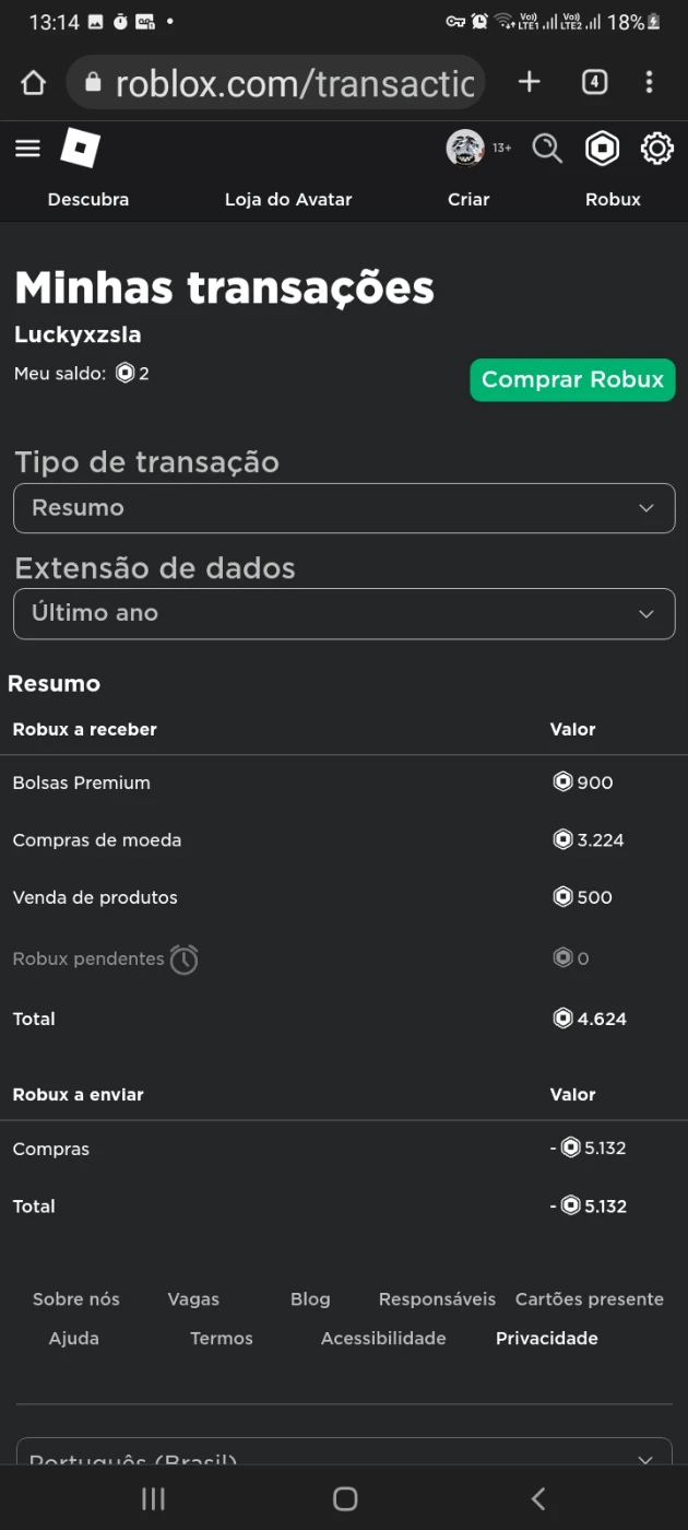 Roblox > Venda de conta de roblox com mais de 4066 de robux gastos