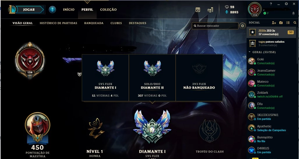 Conta De Lol League Of Legends High Elo Alto Diamante Mestr - DFG