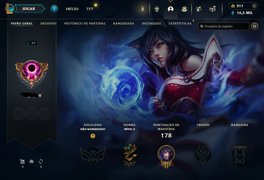 League of Legends (LOL) > Conta não ranqueada, Campeões: 219, Skins: 53,  Nível: 350