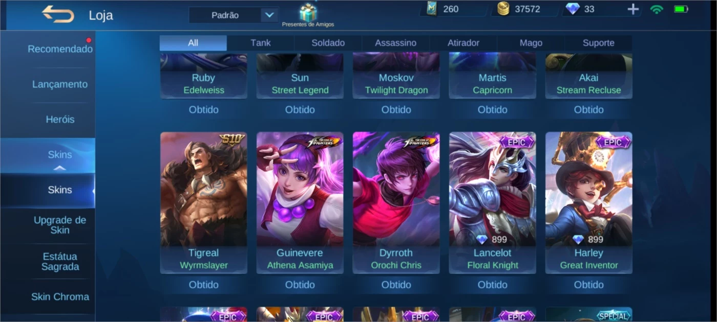 Conta Pro-Player (Mpl) + 646 Skins + Servidor Avançado - Mobile