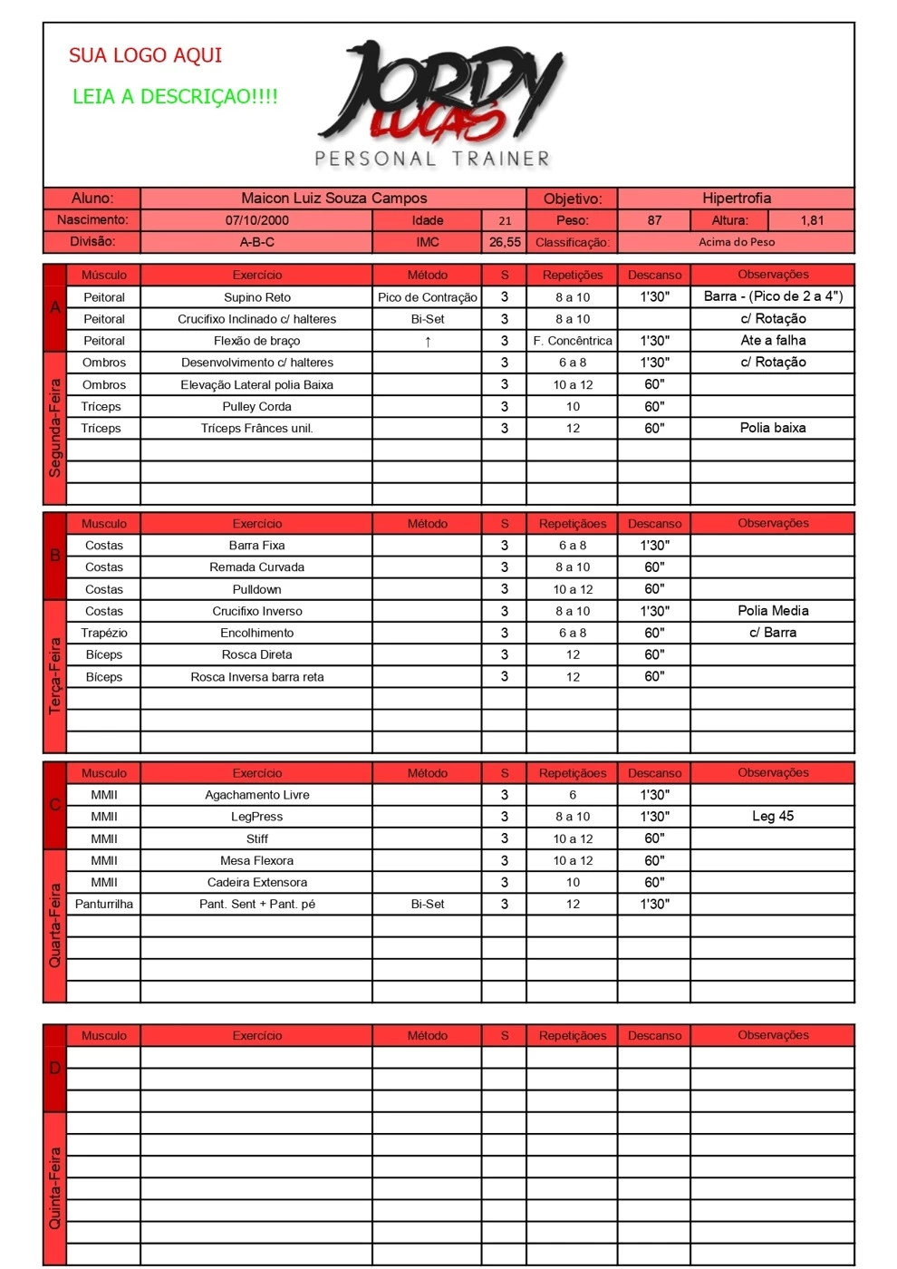 Planilha Ficha De Treino Para Personal Trainer E Academias