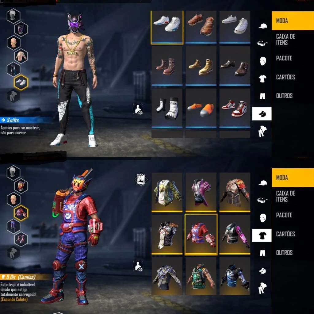 Free Fire (FF) > Conta gemada, vários trajes raros, barato pra vender logo!!