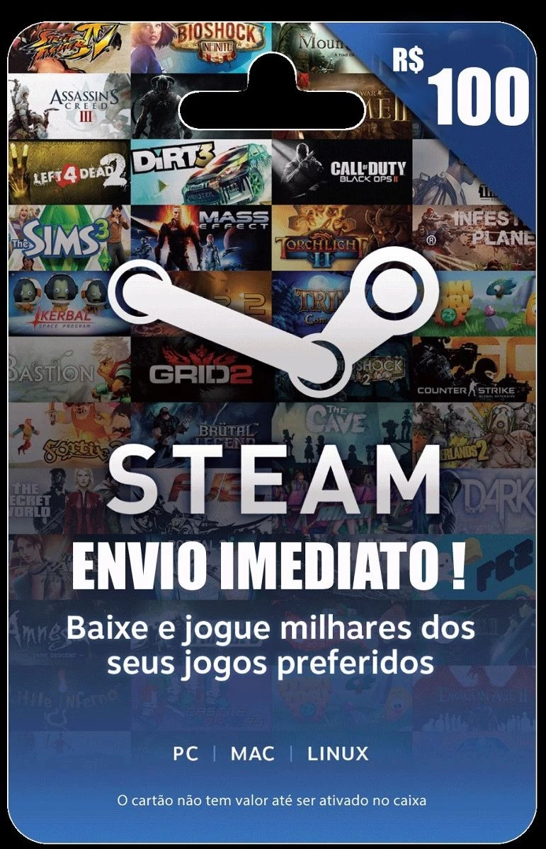 Steam Cartão Pré-Pago Wallet Key - R$ 100 Reais Crédito Card - DFG