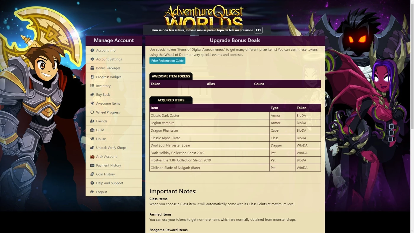 Conta Aqw Endgame 11 Anos - Adventure Quest World - DFG