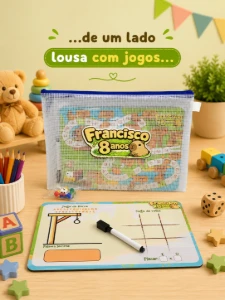 Tabuleiro e Lousa com Jogos em Bolsinha com Zíper - Artesanato e Personalizados