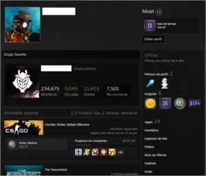 Conta Steam 15 anos lvl 12 e CS:GO PRIME (OURO 3)