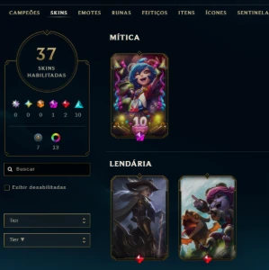 platina 3, 37 Skins, 1 Mítica, 2 Lendária, Honra 5, Lvl 68 - League of Legends LOL