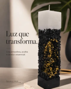 Vela Pilar com Pedras Pretas e Cavidade Dourada - Artesanato e Personalizados