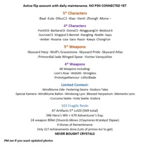 AR56 9xCharacter5* 6xWeapons5* [NA]Server No PSN 100%F2P - Genshin Impact