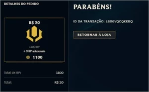 Código RP de 20R$ (1100) por 15 Reais. - League of Legends LOL