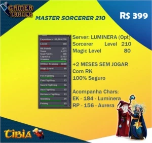 MS 210 - LUMINERA - MAGIC LEVEL 80 - SEM ITEM - COM RK. - Tibia