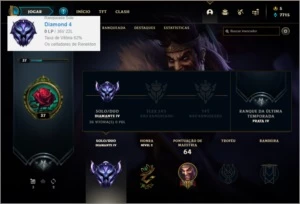Conta diamante 4 com 62% de win rate, 4 skins e 22 champs - League of Legends LOL