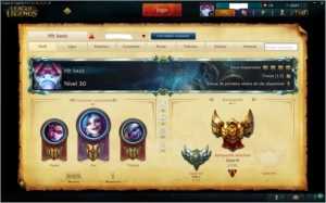 Elo ouro 4, 98 campeões, 50 skins,110 icones, 20 pag mastery - League of Legends LOL