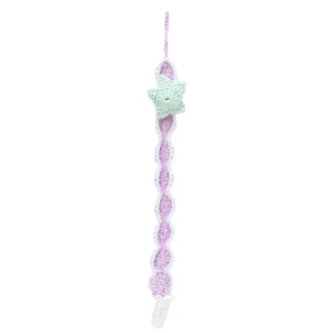 Prendedor de chupeta lilás com estrela do mar em crochê - Artesanato e Personalizados