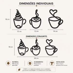 Kit 3 Xícaras Minimalistas em MDF para Cantinho do Café - Artesanato e Personalizados
