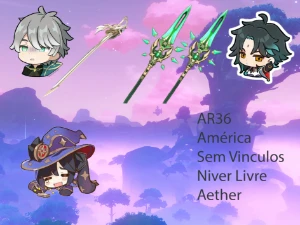 AR36 - Alhaitham com Falcão+Xiao com 2 Lanças de Jade + Mona - Genshin Impact