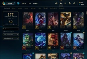 Conta Platina 1, com 169 skins, sendo 3 míticas, 140 "gemas" - League of Legends LOL