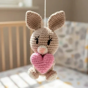 Móbile Coelhinhos com Coração em Amigurumi - Artesanato e Personalizados