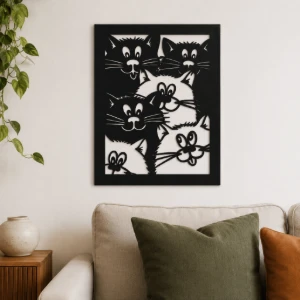 Quadro Vazado de Gatos em MDF Preto 35 x 25 cm