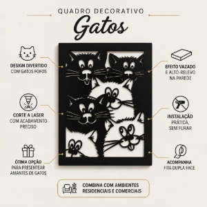 Quadro Vazado de Gatos em MDF Preto 35 x 25 cm - Artesanato e Personalizados
