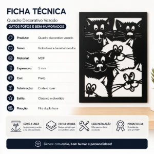 Quadro Vazado de Gatos em MDF Preto 35 x 25 cm - Artesanato e Personalizados